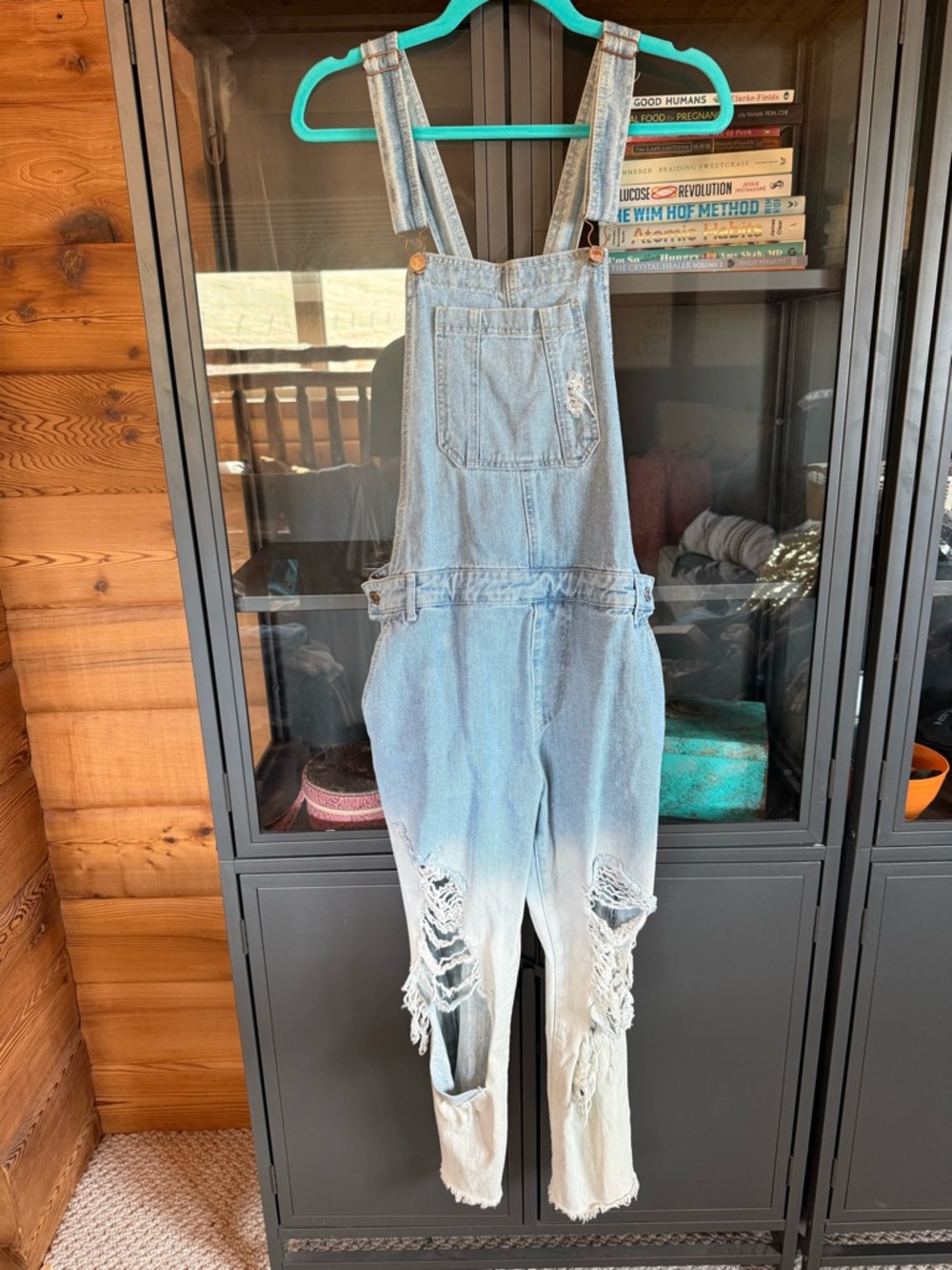 Forever 21 Light Blue Distressed Denim Crop Overalls
